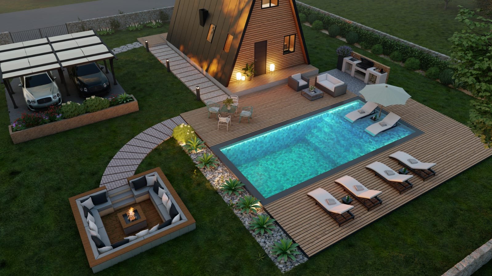 Aerial view of pool deck, sunken fire pit and carport at dusk - 3D render by Architech Cyprus