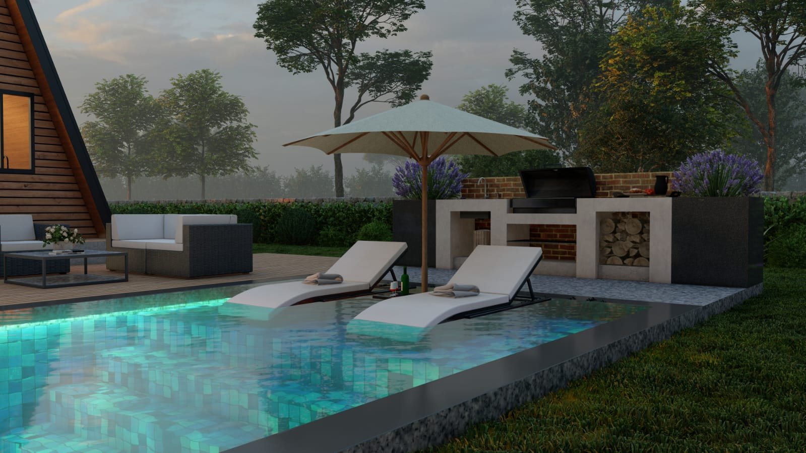 Poolside loungers and outdoor kitchen at dusk - photorealistic 3D render by Architech Cyprus