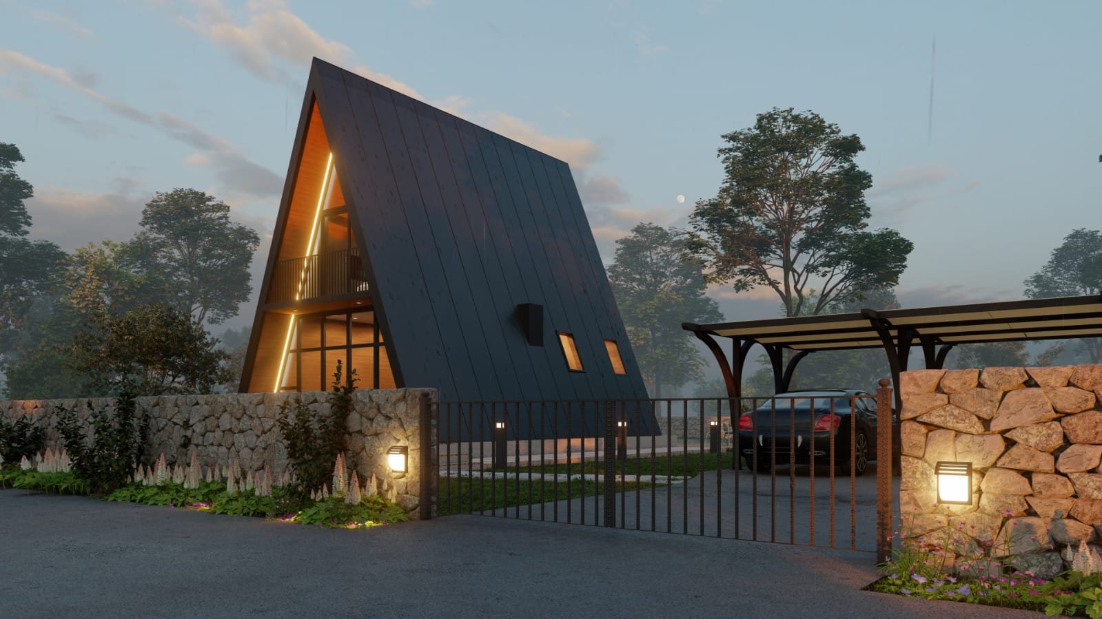 A-frame cabin behind stone wall and gate at dusk, street view - photorealistic 3D render by Architech Cyprus