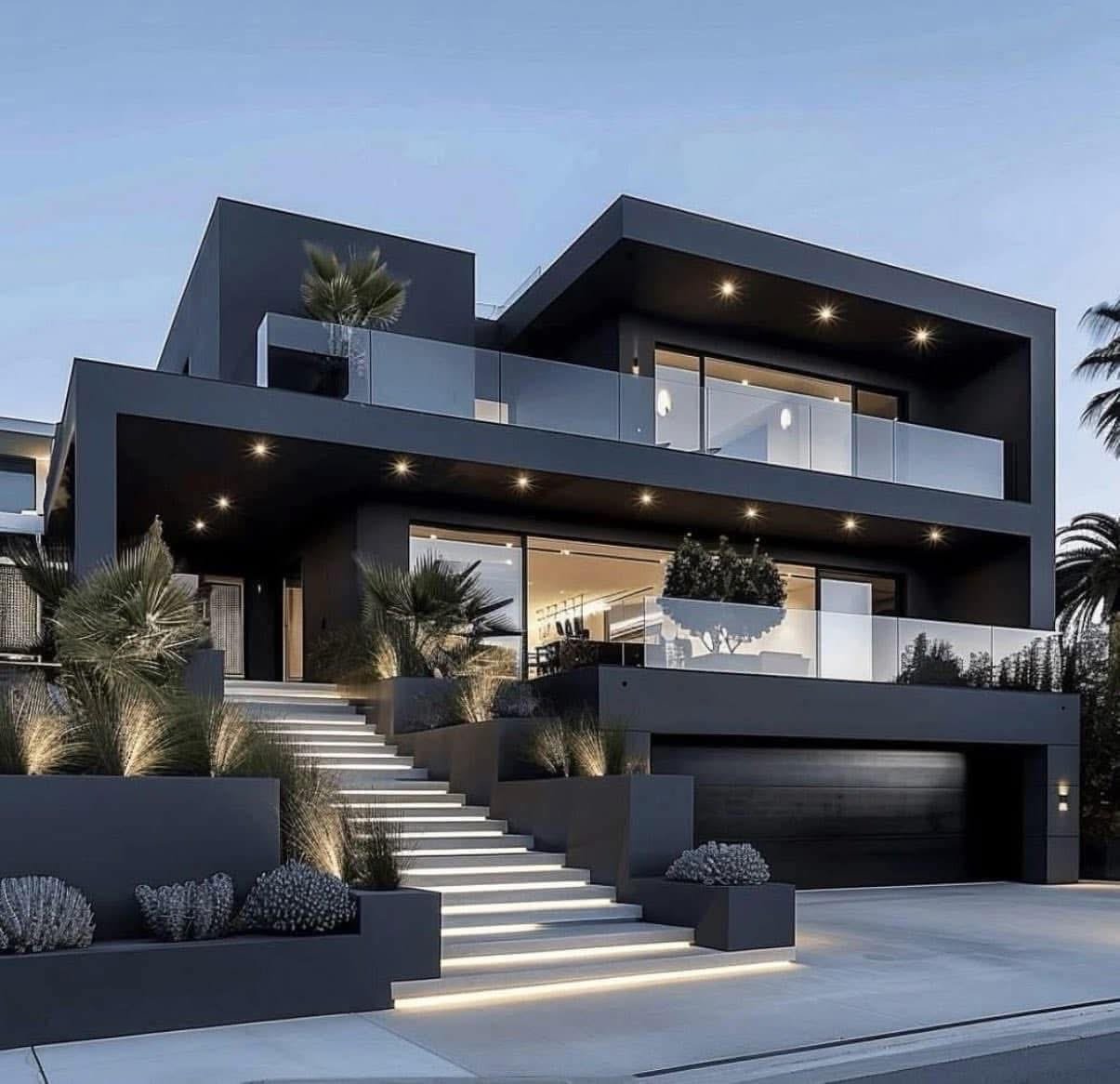 Charcoal modern villa with illuminated entrance stairs at dusk - photorealistic 3D render by Architech Cyprus