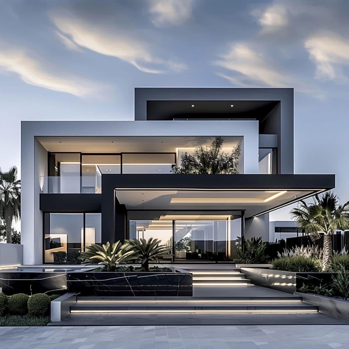 Modern villa with stacked black and white volumes at dusk - photorealistic 3D render by Architech Cyprus