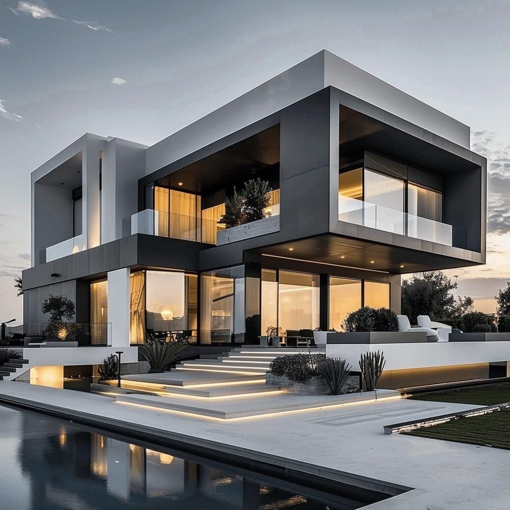 Photorealistic 3D render by Architech Cyprus — white cubic villa with pool at dusk