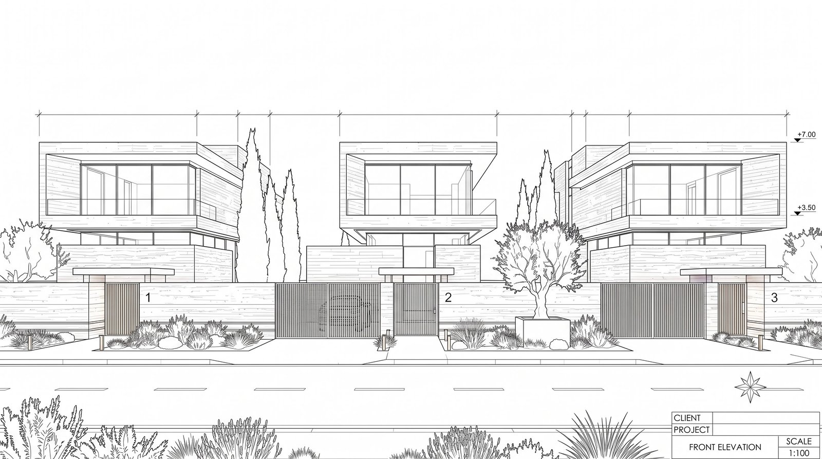 Architectural front elevation drawing of the three-villa street, scale 1:100, with title block