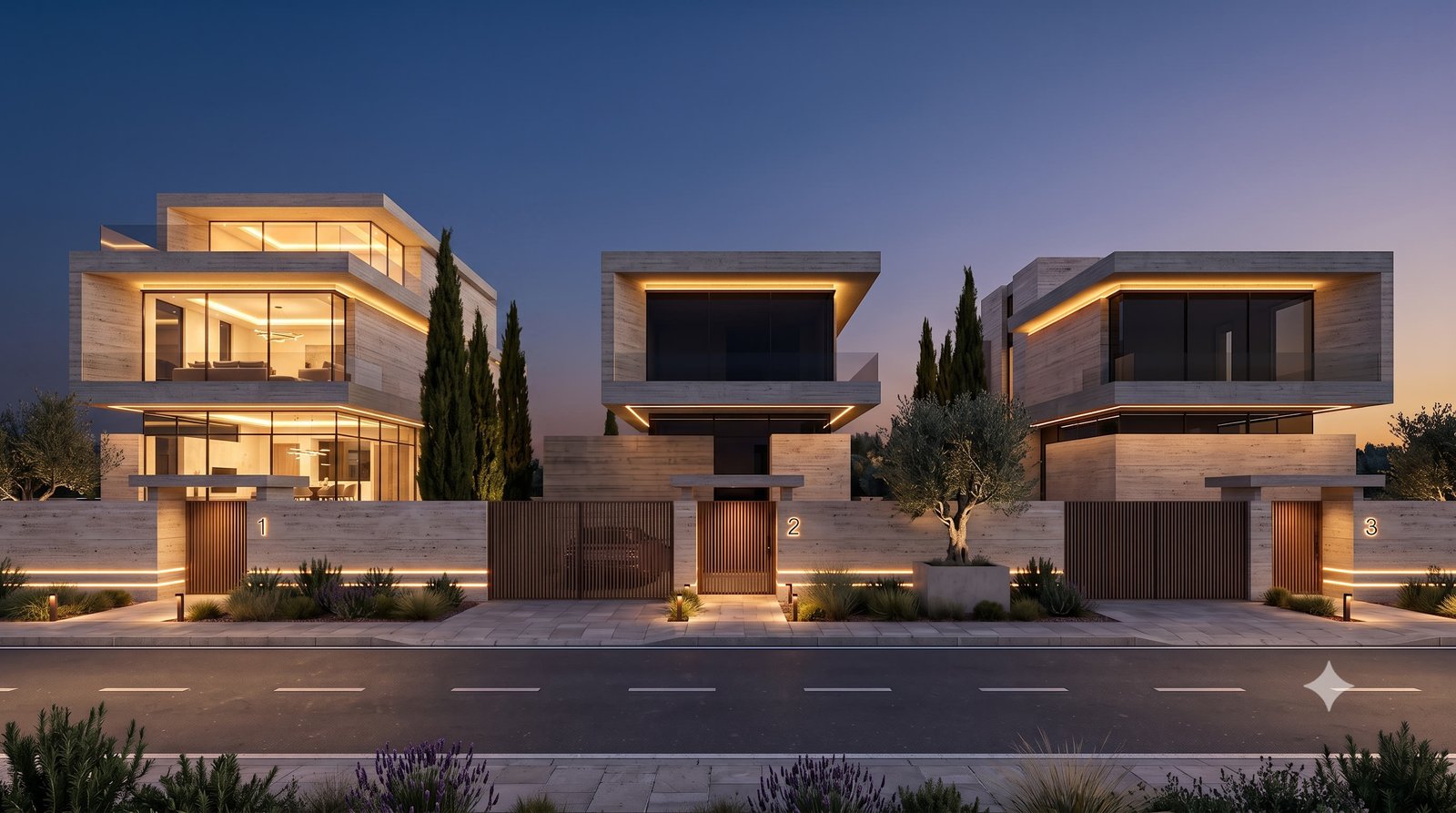 Photorealistic dusk render — a street of three modern villas in Cyprus, interiors glowing